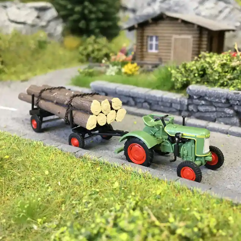 Tracteur Fendt F15 Dieselross, avec remorque forestière - BUSCH 54152 - HO 1/87 Prix Réduit
