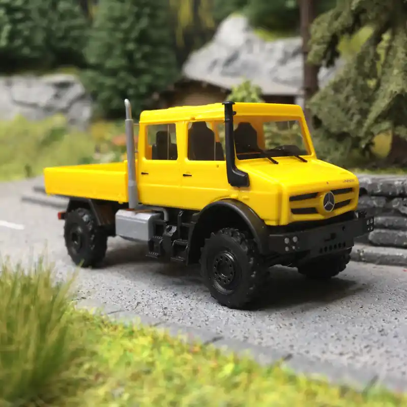 Mercedes-Benz Unimog U 5023 / double cabine, Jaune - Busch 51080 - HO 1/87 Retour Gratuit