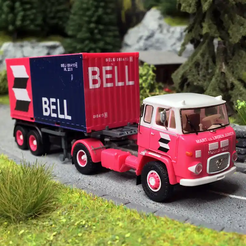Camion Scania LB76 semi-remorque porte conteneurs, Rose et Bleu - Herpa 87MBS026123 - HO 1/87 Populaire