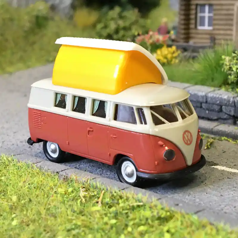 Dernier Modèle Volkswagen T1b, camping-car, avec couchage de toit, gris, rouge, 1960 - BREKINA 31635 - HO 1/87