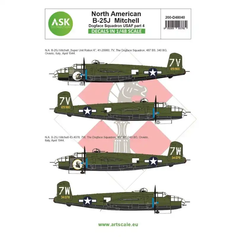 ASK ART SCALE KIT D48040 DÉCALCOMANIES B-25J MITCHELL PART 4 US DOGFACE SQ. (SUPER UNIT RATION K), MEDITERRANEAN A. 1/48 Certifié
