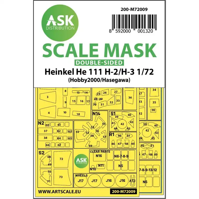 Nouveauté ASK ART SCALE KIT M72009 MASK HEINKEL HE 111H-2/H-3 (HOBBY 2000,HASEGAWA) 1/72
