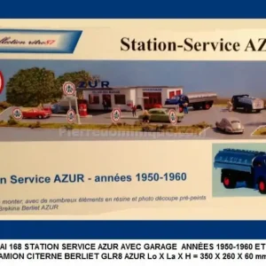 *SOLDES* - SAI 168 STATION SERVICE AZUR AVEC GARAGE ANNÉES 1950-1960 ET CAMION CITERNE BERLIET GLR8 AZUR Lo X La X H = 350 X 260 X 60 mm Retour Gratuit