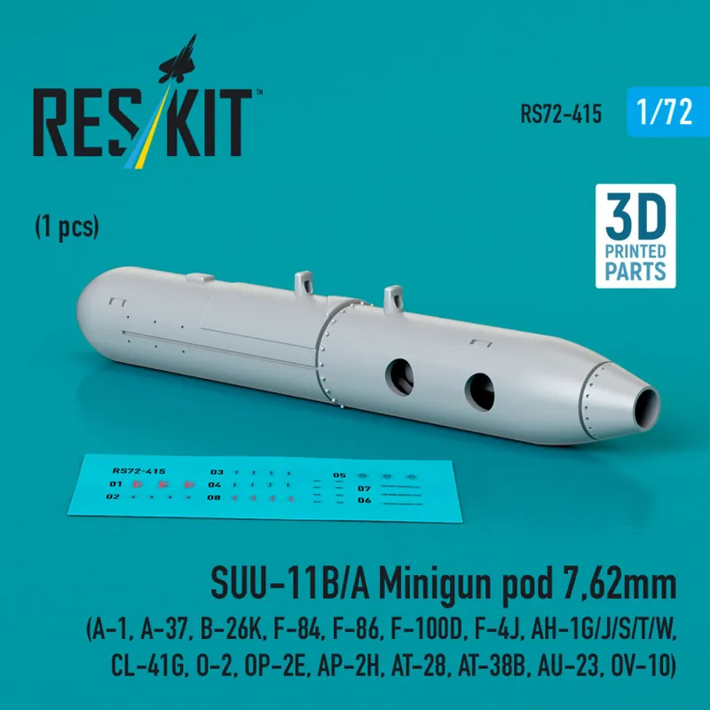 Meilleur Prix RES/KIT 72-0415 SUU-11B/A Minigun Pod 7,62mm (1 pc) (A-1, A-37, B-26K, F-84, F-86, F-100D, F-4J, AH-1G/J/S/T/W, CL-41G, O-2, OP-2E, AP-2H, AT-28, AT-38B, AU-23, OV-10) (3D Printed)