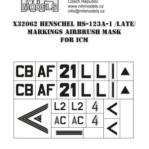 MH Models X32062 Henschel Hs-123 A-1 (Late) - Markings Airbrush Mask (for ICM Kits) Pas Cher