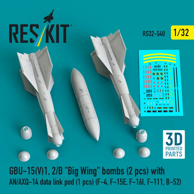 RES/KIT 32-0540 GBU-15(V)1, 2/B ‘Big Wing‘ Bombs (2pcs) With AN/AXQ-14 Data Link Pod (1pc) (F-4, F-15E, F-16I, F-111, B-52) (3D Printed) Promotion Saisonnière