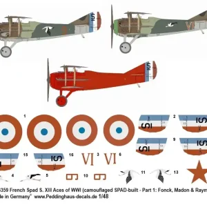 Nouveauté Peddinghaus-Decals 4359 French Spad S. XIII Aces Of WWI (Camouflaged SPAD-Built - Part 1 Fonk, Madon And Raymond)